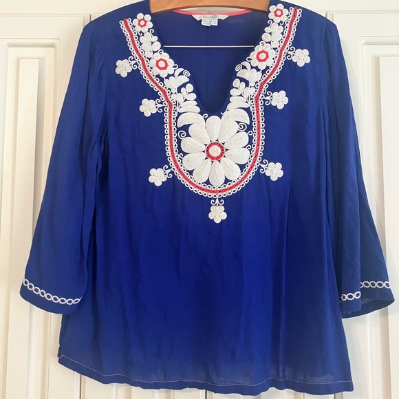 Boden Tops - Boden Blue‎ Sheer V Neck Embroidered Tunic Top US 8